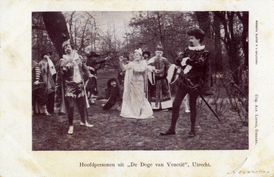 601661 Afbeelding van enkele hoofdpersonen uit de door Johan Wagenaar gecomponeerde opera De Doge van Venetië te Utrecht.